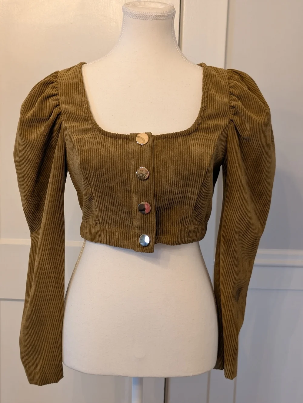Zara Cropped Corduroy Puff-Sleeve Top in Olive - Picture 2 of 3